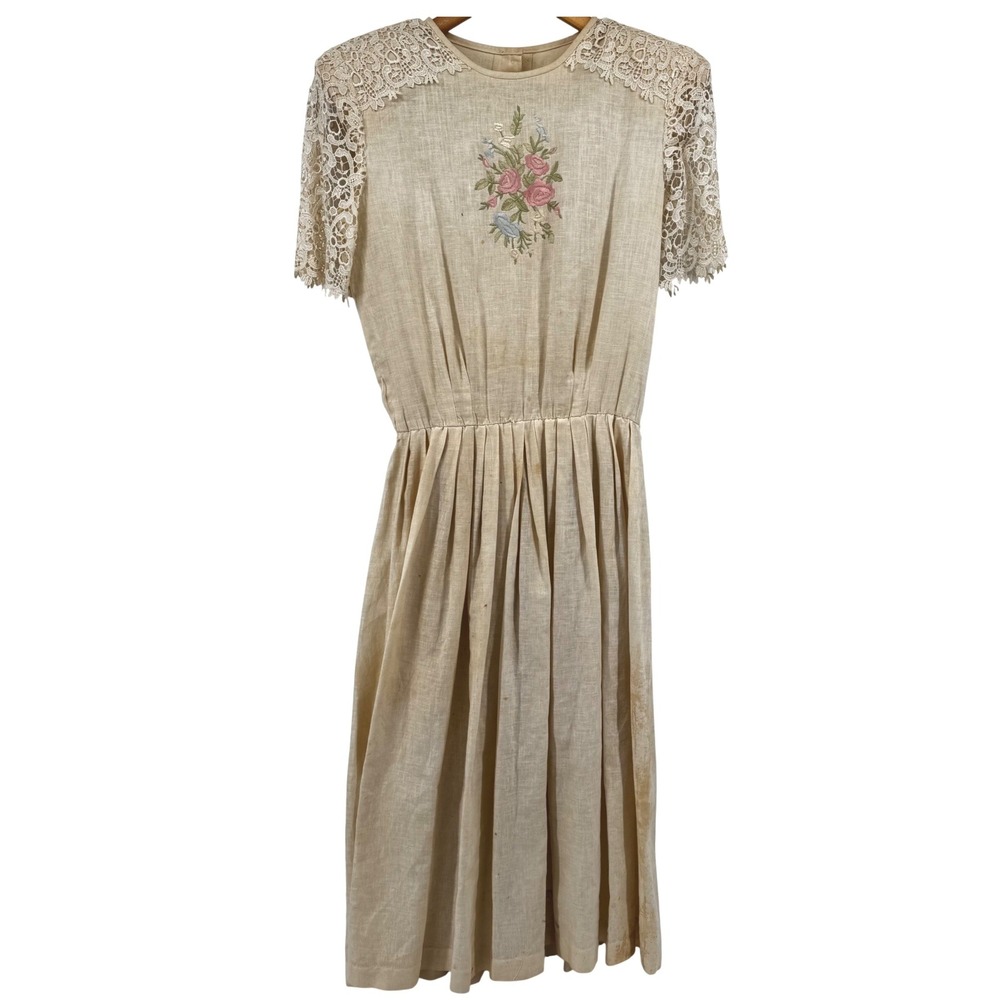 Vintage Handmade Embroidered Lace Linen Dress Cream Cottagecore Project Piece - Picture 2 of 16